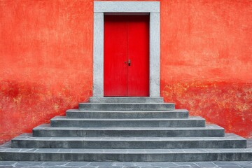 Poster - Bright red door stands out against vibrant orange wall with stone steps at a historic building
