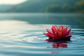 Poster - Delicate pink lotus flower floating on calm water with serene landscape in the background during the golden hour