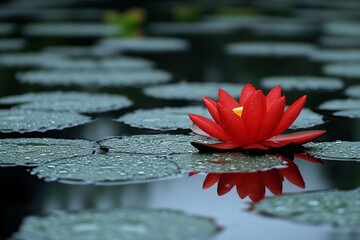 Poster - Beautiful red lotus flower blooming on serene water surface surrounded by green lily pads