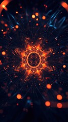 Poster - Abstract fiery fractal with intricate radial design and vibrant orange light on dark background, mesmerizing flow
