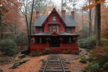 Poster - Historic red house surrounded by autumn foliage with a railway track in the foreground