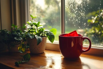 Aufkleber - Warm beverage in a red mug sitting by the window with plants on a sunny morning