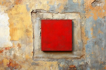 Aufkleber - Bold red square contrasts against weathered wall textures in urban setting capturing modern art aesthetics