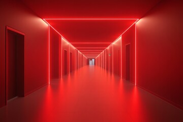 Poster - Dramatic red hallway illuminated with neon lights creates a striking visual effect in a modern space