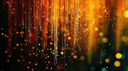 Poster - Luminous cascade of golden light descends amid glowing orbs creating an ethereal sparkling effect with dark ambiance