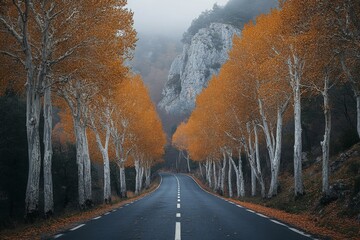 Poster - Autumn road lined with golden trees winding through a misty mountainous landscape
