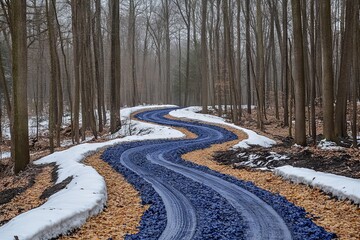 Poster - Winding path through a winter forest with blue gravel and snow as leaves cover the ground
