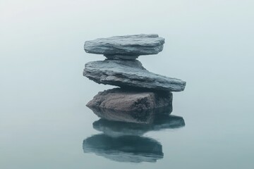 Poster - Unique rock formation balancing on a calm water surface during early morning fog