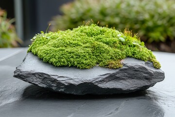 Aufkleber - Moss-covered rock arrangement creates a serene nature display in a modern outdoor setting