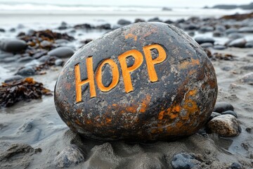 Aufkleber - Unique rock with engraved letters rests on the shore at low tide along a rugged coastline
