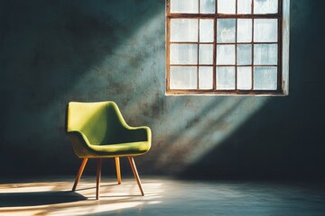 Poster - Bright sunlight illuminates a green armchair beside a vintage window in a cozy indoor space