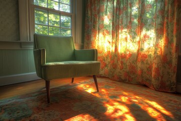 Aufkleber - Cozy armchair illuminated by warm sunlight in a vintage setting with floral curtains and a colorful rug