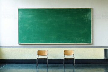 Aufkleber - Empty classroom with two chairs and a green chalkboard on the wall during daytime hours