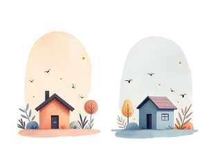 Poster - Two illustrated houses surrounded by minimalistic trees and birds in soft pastel colors. ,isolated, absolutely white background,clipping path