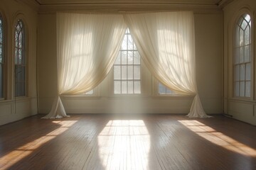 Leinwandbilder - Soft afternoon light illuminates a spacious room with elegant curtains and polished wooden floors