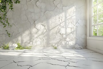 Leinwandbilder - Sunny indoor space with cracked wall and greenery near window in bright atmosphere
