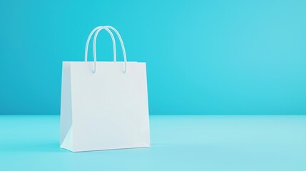 Poster - Clean white shopping bag on a serene cyan surface  symbolizing minimal retail and gift giving with spacious room for text