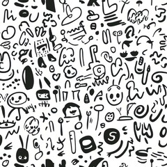 Aufkleber - Seamless doodle pattern featuring fun hand-drawn icons and playful sketch lines in black ink on a white background Generative AI