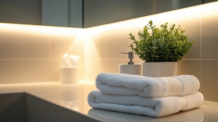 Poster - Clean bathroom interior with stacked towels potted plant and soap dispenser in a serene neutral palette
