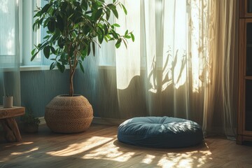 Poster - Serene interior with a leafy plant and a floor cushion creating a calming ambiance with natural light