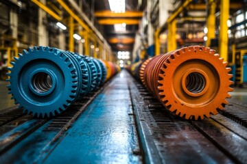 Aufkleber - Industrial assembly line showcasing colorful gears arranged in a symmetrical pattern in a manufacturing facility