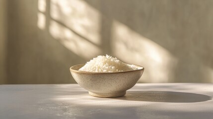 Poster - Delicate grains of rice in rustic bowl under gentle light cast shadows enhancing the soft mood in simple setup