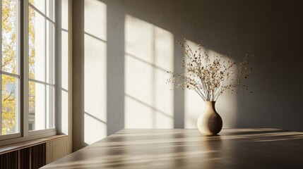 Aufkleber - Peaceful Still Life with Autumnal Sunlight Through Window Casting Shadows on Wall and Wooden Table