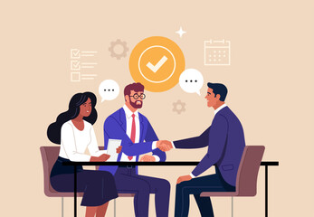 Fototapete - Business Job Interview concept. Vector cartoon illustration of two men in suits shaking hands and a woman with documents at a desk. Isolated on background.