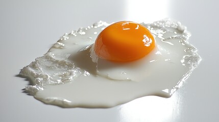 Poster - Sunny Side Up Egg Close Up with Glossy Yolk on White Surface Ideal for Gastronomy Food Art Simple Studio Shot