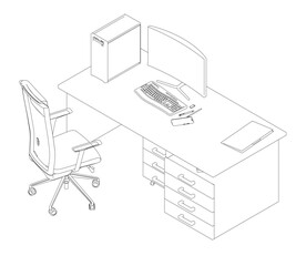 Poster - A computer desk with a keyboard and mouse on it. A chair is next to the desk