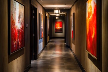 Poster - Elegant corridor art exhibition displaying colorful abstract painting along walls with artistic lighting  and dark hallway mood