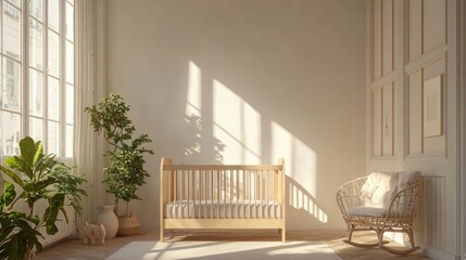 Poster - Serene Interior of a Nursery Room with Baby Crib Plants Rocking Chair and Morning Sun Casting Shadows on Wall