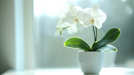 Aufkleber - Serene white orchid in ceramic pot against luminous background elegant indoor scene soft sunlight aesthetic