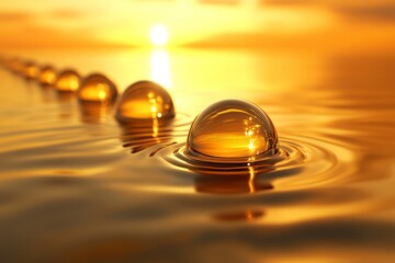 Aufkleber - Golden bubbles floating on tranquil water at sunset create a serene and captivating moment of nature's beauty