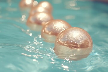 Poster - Glimmering decorative spheres floating in a tranquil pool during a sunny day