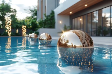 Poster - Elegant reflective spheres float in a tranquil pool beside modern architecture during the late afternoon