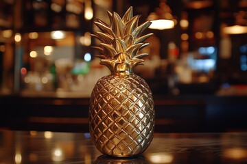 Poster - Golden pineapple sculpture displayed on a bar counter during evening hours in a stylish venue