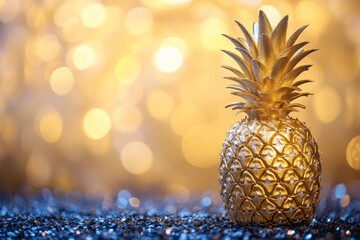 Aufkleber - Decorative gold pineapple on sequined background with sparkling bokeh lights during festive celebration