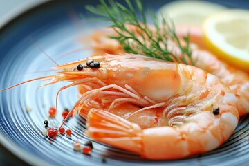 Aufkleber - Freshly cooked shrimp garnished with herbs and lemon on a blue plate at a seaside restaurant