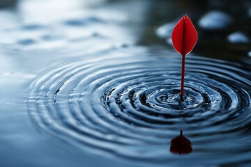 Poster - Red dart punctuating calm water surface with ripples expanding outward in a serene environment