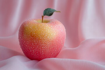 Aufkleber - Fresh apple with dew drops on pink fabric captured in soft lighting