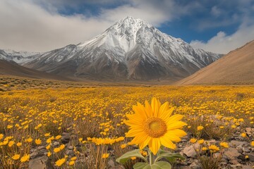 Poster - Vibrant yellow flowers bloom against the backdrop of a majestic snow-capped mountain in a serene landscape
