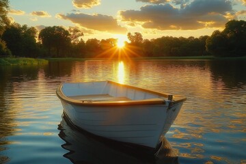 Aufkleber - Serene sunset reflected on calm water with a lone boat floating peacefully in the lake