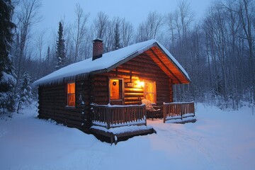 Aufkleber - Cozy wooden cabin illuminated at dusk surrounded by snow-covered trees in a serene winter landscape