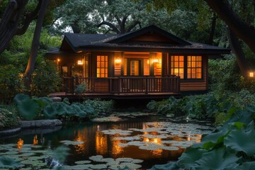Aufkleber - Cozy wooden cabin by a tranquil pond surrounded by lush greenery during twilight