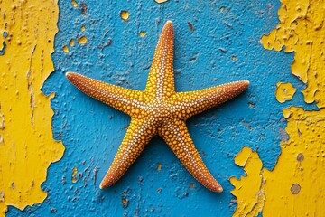 Poster - Starfish resting on a weathered blue and yellow surface showcasing vibrant colors in a coastal setting