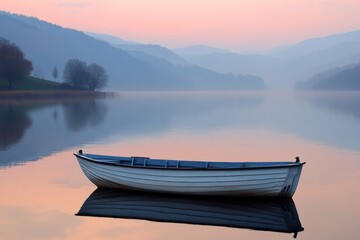 Aufkleber - Serene dawn on a calm lake with a solitary boat floating in the misty water