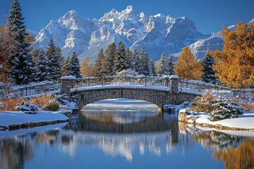 Poster - Stunning winter landscape with a snow-covered bridge and majestic mountains in the background