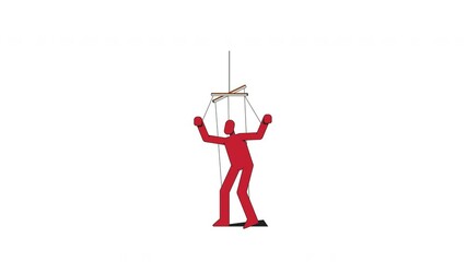 Poster - Red puppet under control 2D character animation. Manipulation, forced obedience. Psychological controlled hanging subordinate figure animated marionette cartoon 4K video isolated on white transparent