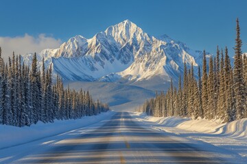 Poster - Majestic snow-covered mountains and a winding road in winter landscape under clear blue sky